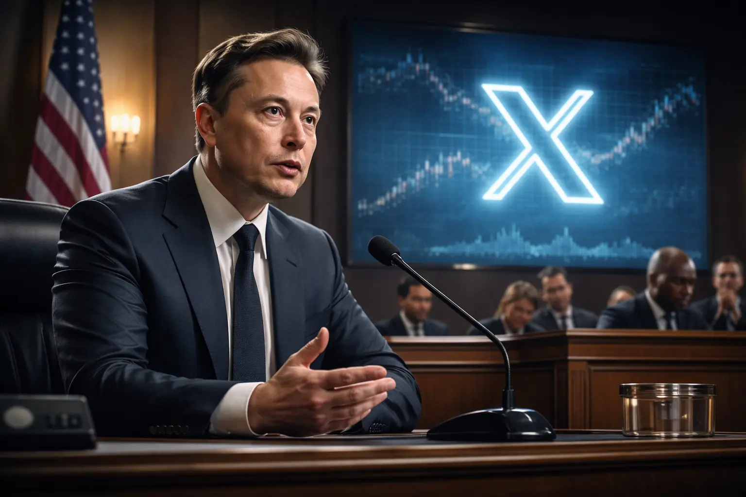 Ілон Маск дає свідчення в суді США, ілюстрація судового процесу щодо акцій Twitter та X, фінансові графіки на фоні