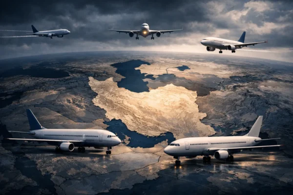 Пасажирські літаки на тлі карти Близького Сходу після ударів по Ірану