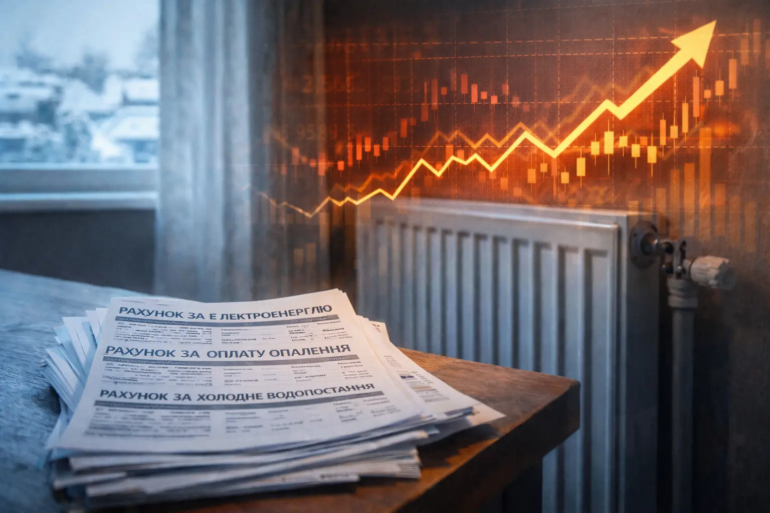 платіжки за комунальні послуги та радіатор опалення в українській квартирі