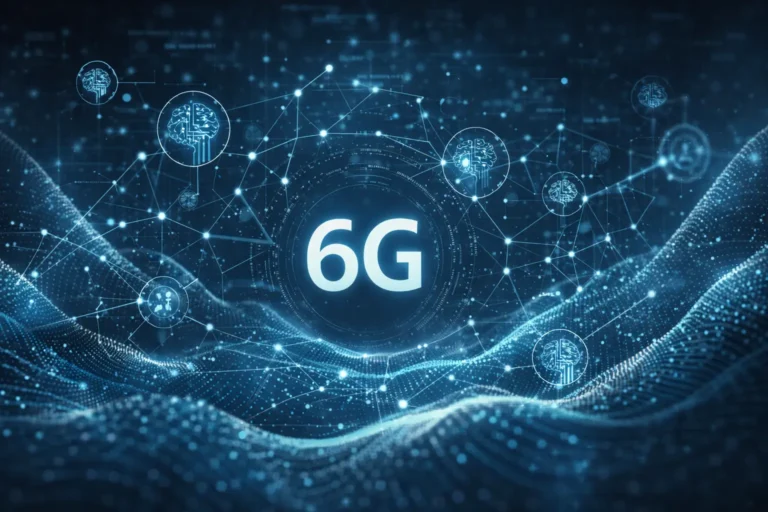 Іллюстрація інтеграції технологій 6G і штучного інтелекту в цифрових мережах