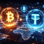 Візуалізація криптовалют і глобальної блокчейн-мережі на фоні світової фінансової карти