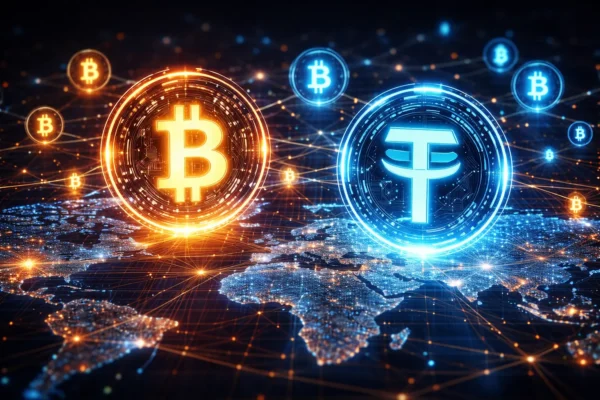 Візуалізація криптовалют і глобальної блокчейн-мережі на фоні світової фінансової карти