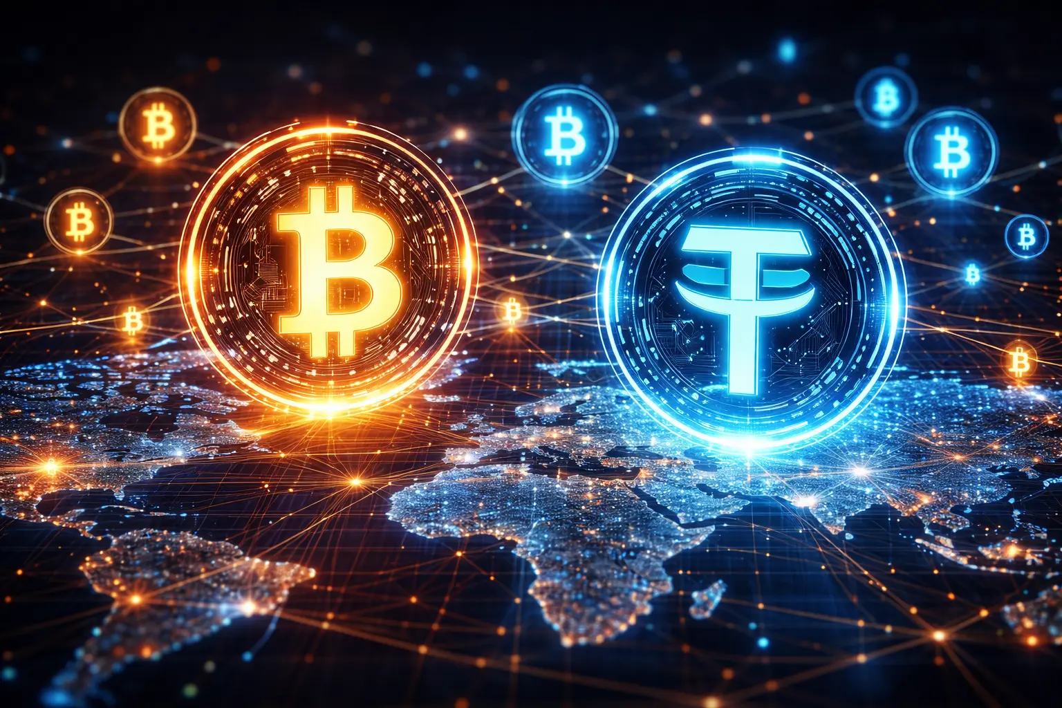 Візуалізація криптовалют і глобальної блокчейн-мережі на фоні світової фінансової карти