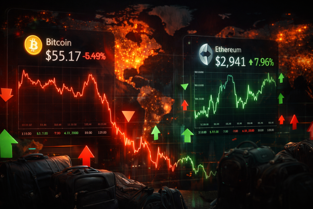 Графіки коливань курсу Bitcoin і Ethereum із червоними та зеленими стрілками, що відображають волатильність крипторинку