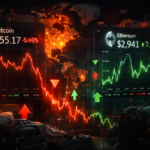 Графіки коливань курсу Bitcoin і Ethereum із червоними та зеленими стрілками, що відображають волатильність крипторинку