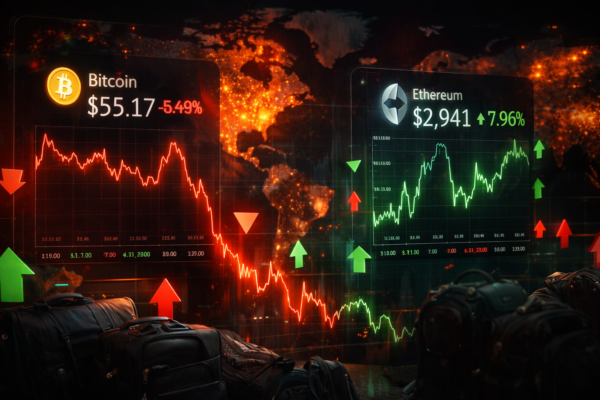 Графіки коливань курсу Bitcoin і Ethereum із червоними та зеленими стрілками, що відображають волатильність крипторинку
