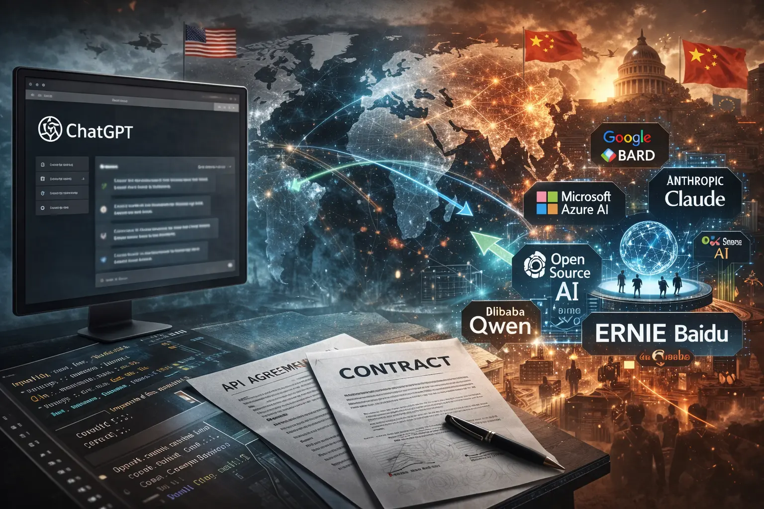 Сем Альтман та логотип OpenAI на фоні Пентагону — військова співпраця у сфері ШІ