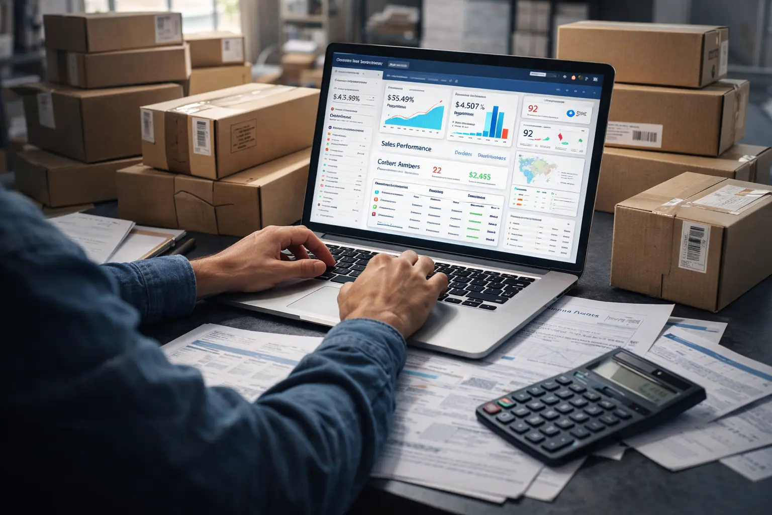 український підприємець працює за ноутбуком із відкритими сайтами маркетплейсів