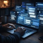 людина працює за ноутбуком з кількома відкритими чатами на екрані