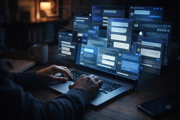 людина працює за ноутбуком з кількома відкритими чатами на екрані