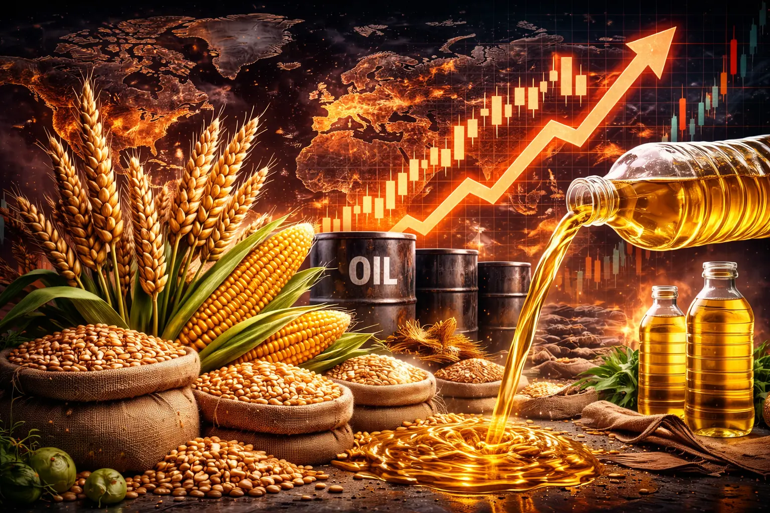 Ілюстрація зростання світових цін на зерно та рослинні олії на тлі стрибка цін на нафту