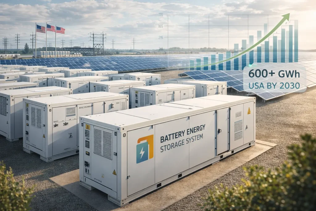 Промисловий парк акумуляторів BESS у штаті Техас на заході сонця