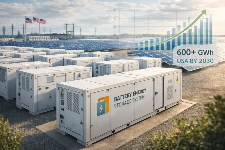 Промисловий парк акумуляторів BESS у штаті Техас на заході сонця