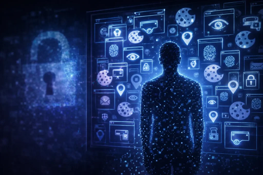 Цифрова приватність в інтернеті під загрозою — концептуальна ілюстрація збору персональних даних і онлайн-спостереження