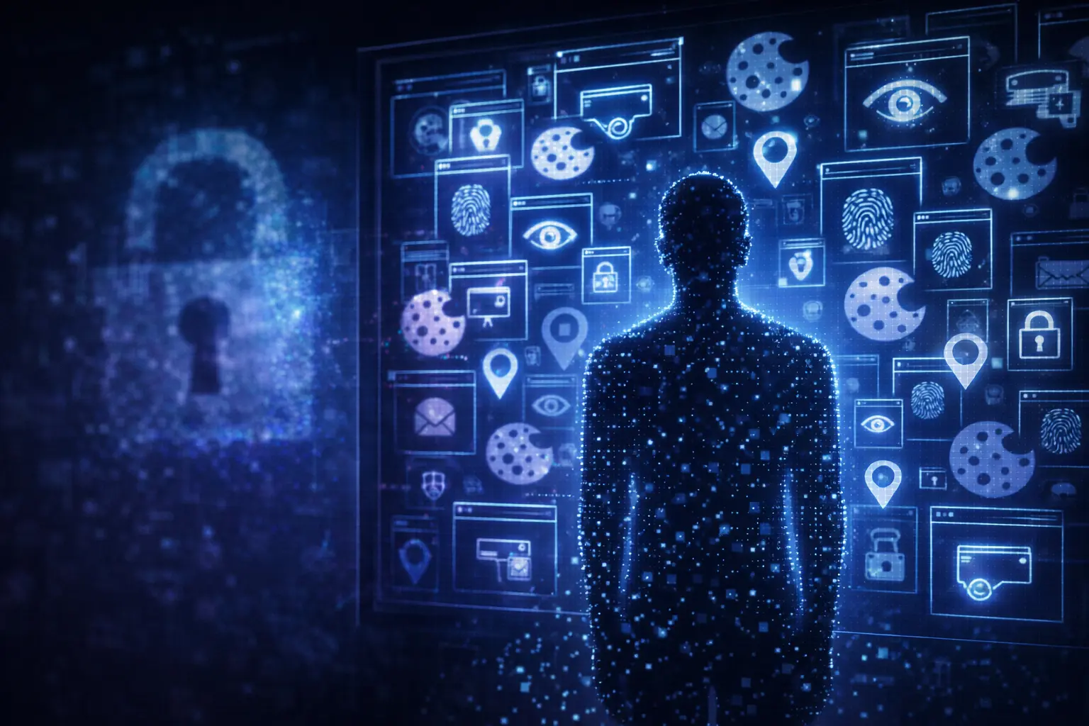 Цифрова приватність в інтернеті під загрозою — концептуальна ілюстрація збору персональних даних і онлайн-спостереження