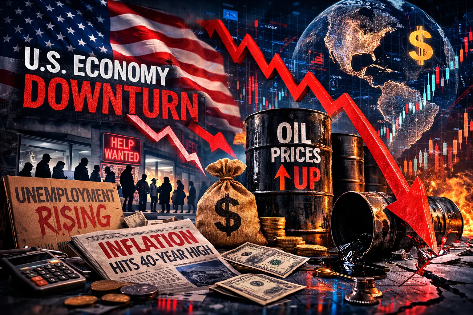 Графічна ілюстрація падіння зайнятості у США на тлі зростання цін на нафту та інфляції