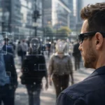 Розумні окуляри з інтерфейсом розпізнавання облич у міському середовищі — концепція цифрової приватності та стеження за допомогою ШІ