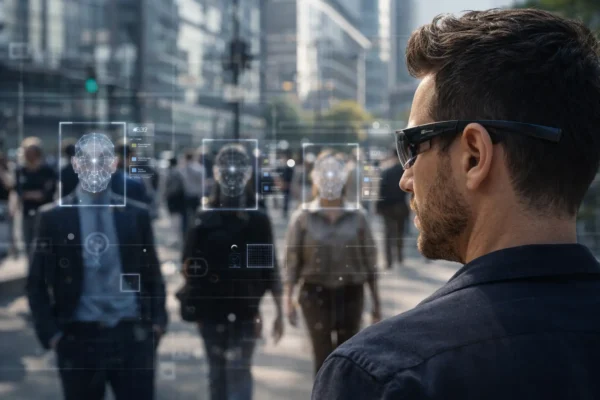 Розумні окуляри з інтерфейсом розпізнавання облич у міському середовищі — концепція цифрової приватності та стеження за допомогою ШІ