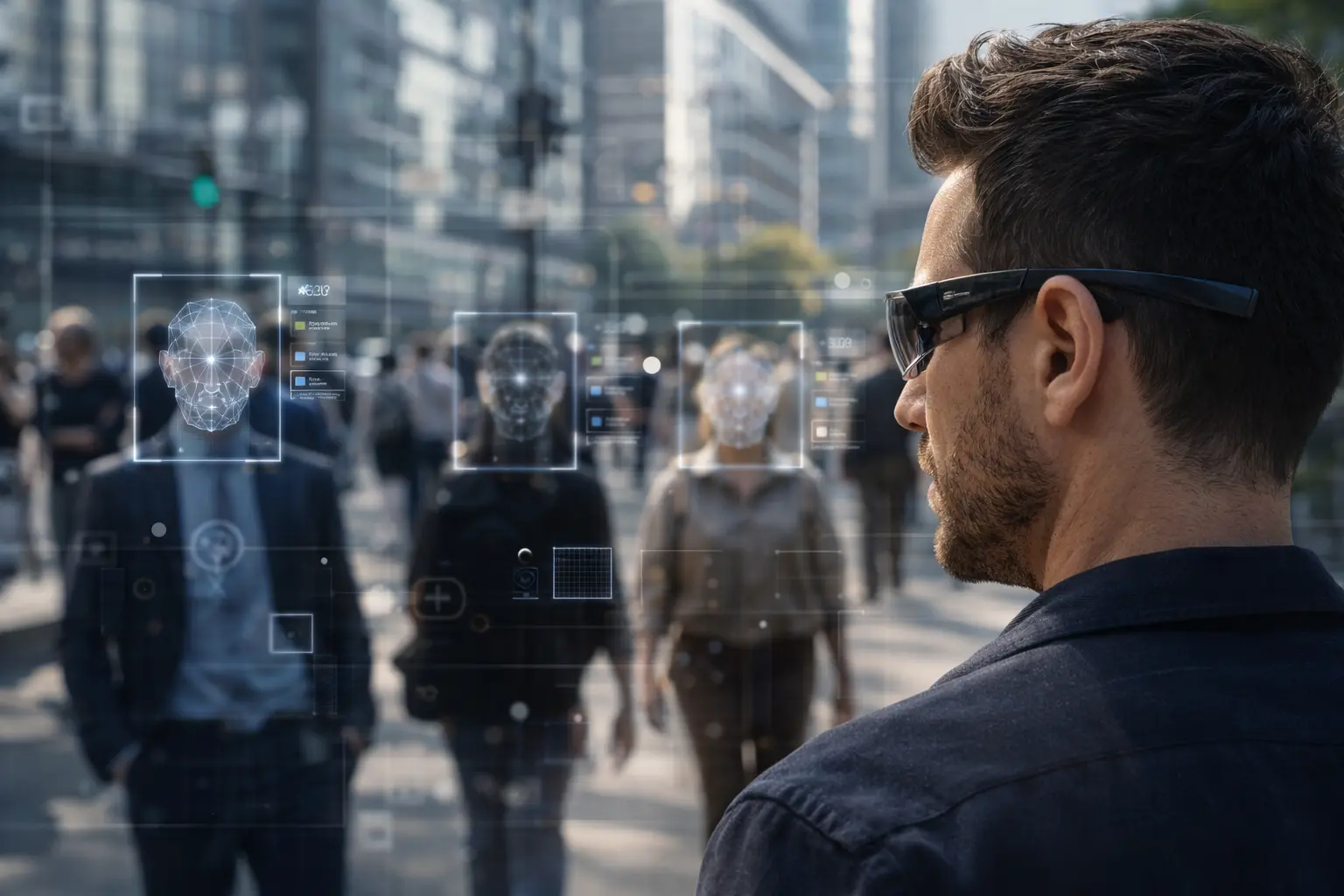 Розумні окуляри з інтерфейсом розпізнавання облич у міському середовищі — концепція цифрової приватності та стеження за допомогою ШІ