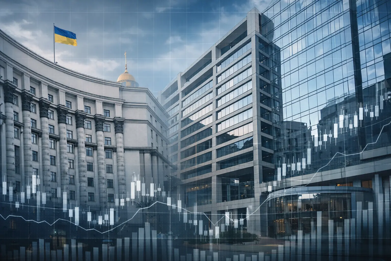 Українська та МВФ ілюстрація з символами фінансів і траншем у $1,5 млрд