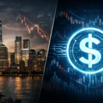 Дональд Трамп на фоні логотипів стейблкоїнів та банківських споруд — візуалізація конфлікту за GENIUS Act 2026