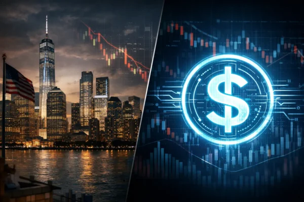 Дональд Трамп на фоні логотипів стейблкоїнів та банківських споруд — візуалізація конфлікту за GENIUS Act 2026