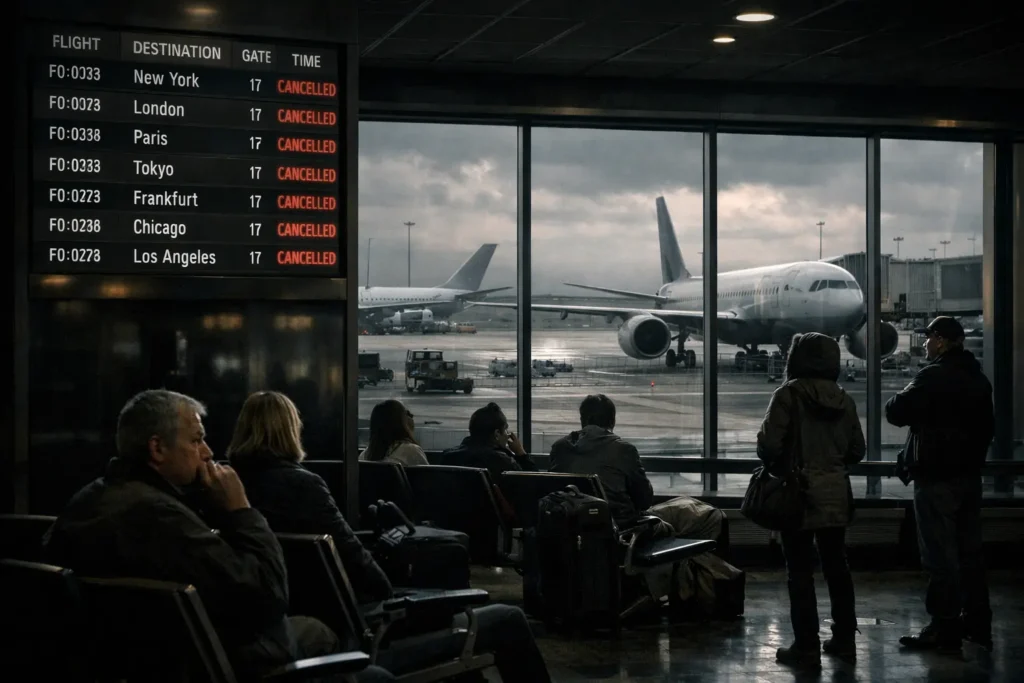 Порожній аеропорт із призупиненими рейсами та табло скасованих польотів, пасажири чекають на інформацію