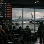 Порожній аеропорт із призупиненими рейсами та табло скасованих польотів, пасажири чекають на інформацію