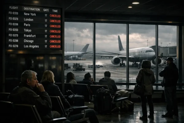Порожній аеропорт із призупиненими рейсами та табло скасованих польотів, пасажири чекають на інформацію
