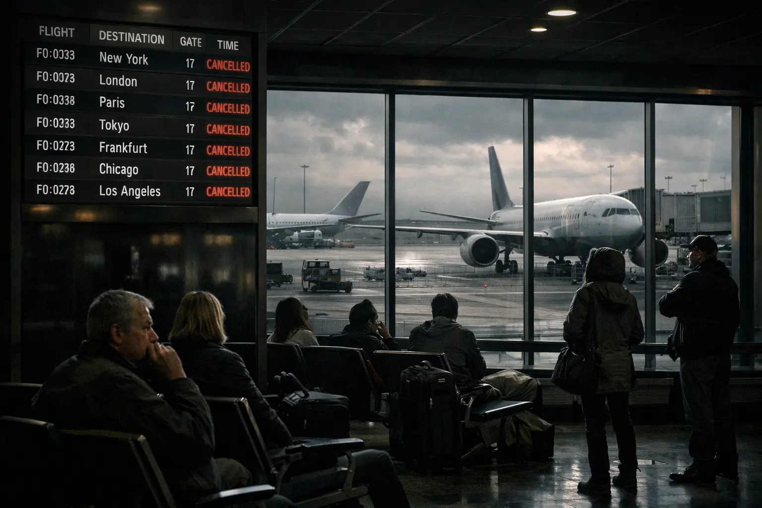 Порожній аеропорт із призупиненими рейсами та табло скасованих польотів, пасажири чекають на інформацію