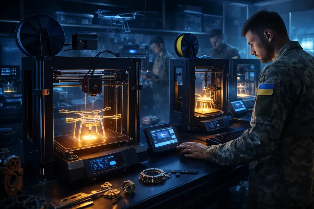 3D-принтер друкує деталі для дронів і військової техніки — символ розвитку адитивного виробництва та волонтерської ініціативи «ДрукАрмія» в Україні