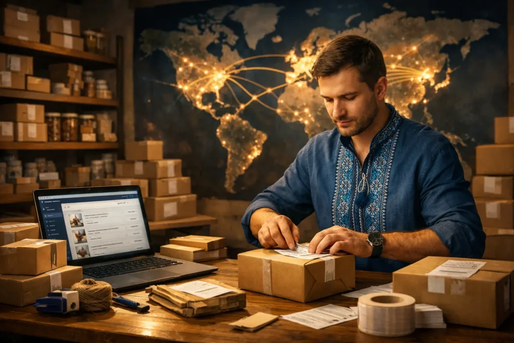 український підприємець продає товари онлайн на міжнародних маркетплейсах