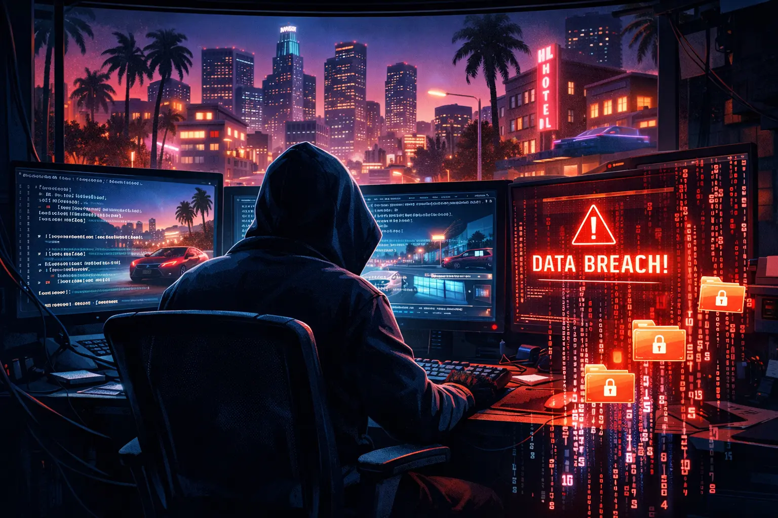 Ілюстрація витоку даних GTA 6 з кодом гри на екрані комп’ютера