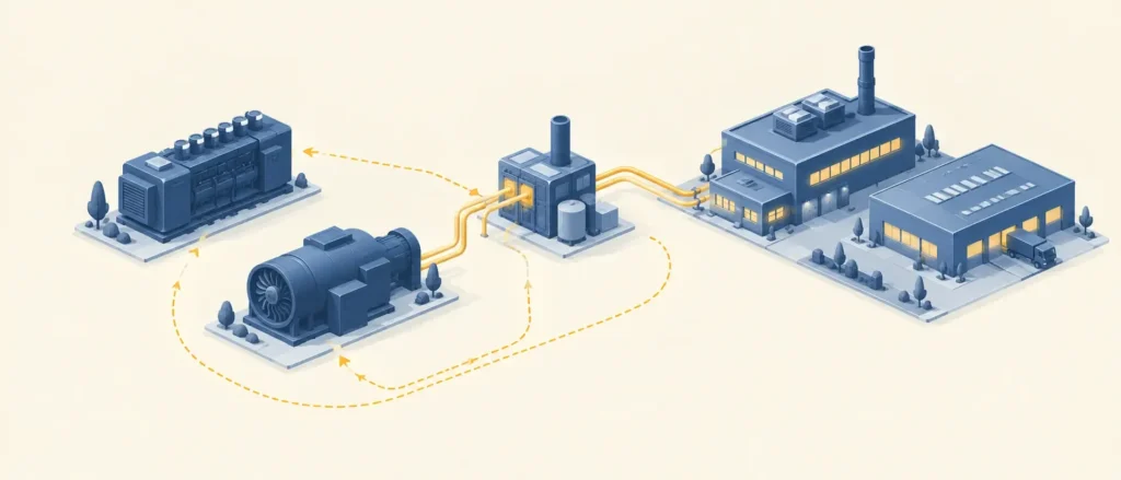 Дві різні газові установки живлять завод і логістичний комплекс через спільний вузол, тепло повертається назад