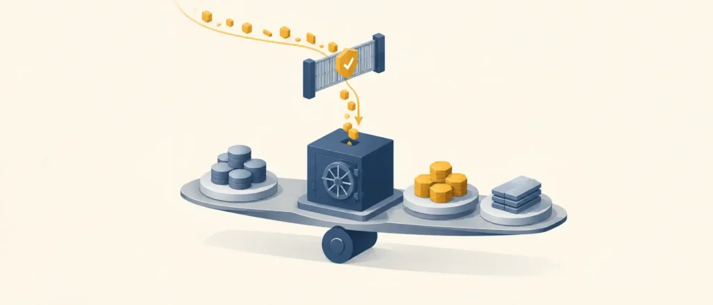 Корпоративне сховище з портфелем різних активів, потік токенів проходить через ворота фінмоніторингу