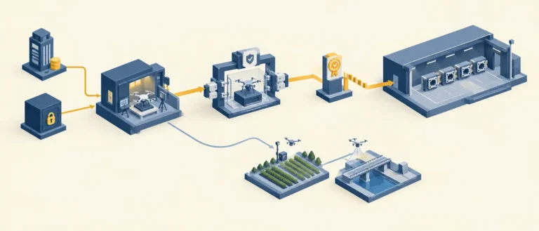 Стартап-лабораторія з дроном проходить ворота сертифікації сумісності, отримує печатку експортної ліцензії до закупівельної зали, а друга гілка веде до цивільного застосування