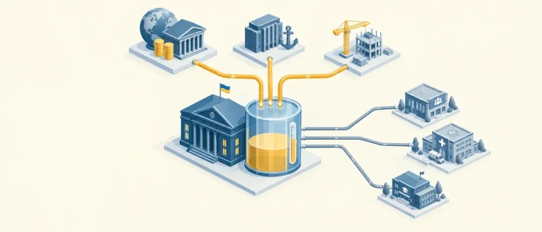 Будівля казначейства з резервуаром бюджету, до якого тонкими трубами надходять кошти від трьох донорських платформ, а з нього — до блоків пенсій, лікарні та школи