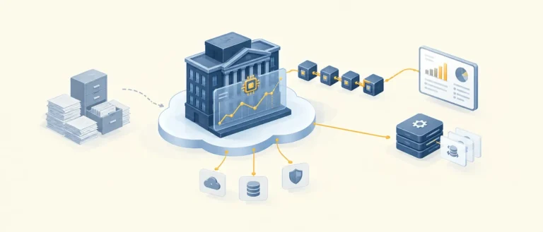 Будівля банку на хмарній платформі з панеллю прогнозу ліквідності, поруч ланцюжок блоків розподіленого реєстру й панель казначейства, а внизу непотрібні вже стоси паперових папок