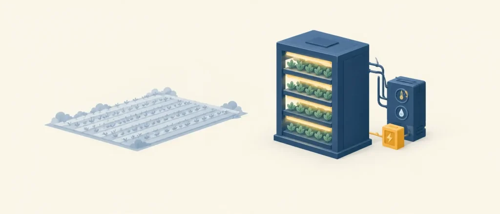 Ліворуч низьке пласке поле, праворуч навісна конструкція з чотирма ярусами лотків із зеленню під світловими смугами, поруч модуль кліматконтролю з термометром і краплею вологості та лічильник енергії